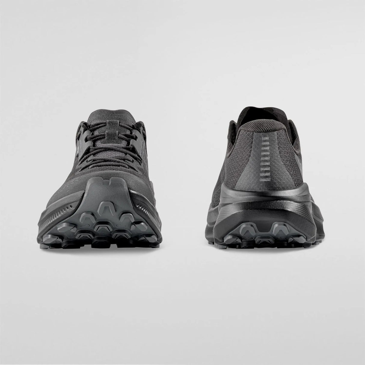 A pair of black trail running shoes shown from the front and back against a light gray studio background. - La Sportiva Prodigio 2 GORE-TEX Shoes (Men's) - Black/Reflective