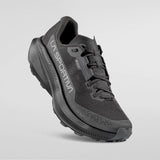 A dark gray and black La Sportiva trail running shoe floating against a light gray background. - La Sportiva Prodigio 2 GORE-TEX Shoes (Women's) - Black/Reflective