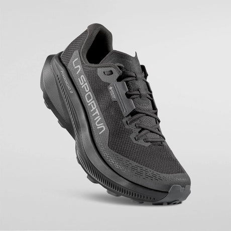 A dark gray and black La Sportiva trail running shoe floating against a light gray background. - La Sportiva Prodigio 2 GORE-TEX Shoes (Women's) - Black/Reflective
