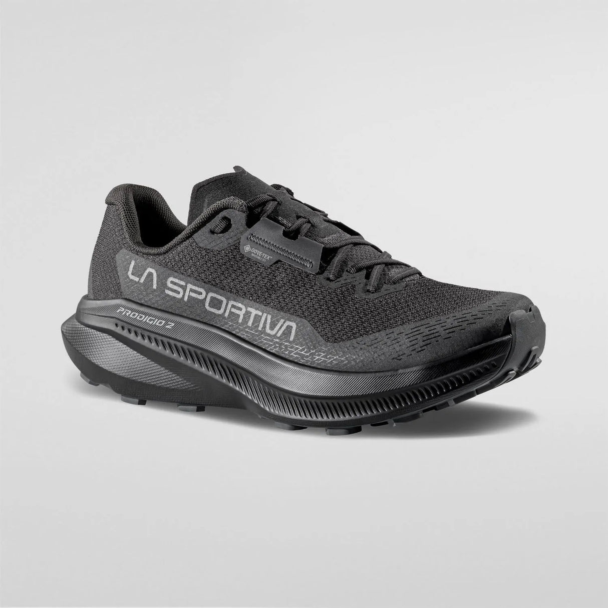 A black La Sportiva Prologo 2 running shoe shown from a three-quarters angle on a light gray background. - La Sportiva Prodigio 2 GORE-TEX Shoes (Men's) - Black/Reflective