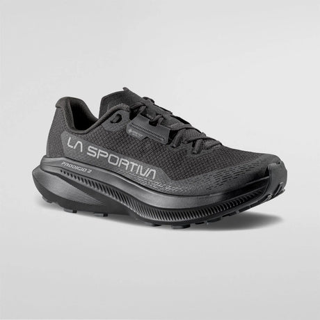 A black La Sportiva Prologo 2 running shoe shown from a three-quarters angle on a light gray background. - La Sportiva Prodigio 2 GORE-TEX Shoes (Men's) - Black/Reflective