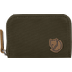 An olive green canvas zip-around wallet with a brown leather fox logo patch on the front and a matching brown leather wrist strap on the left side, shown against a plain white background. - Fjällräven Zip Card Holder - Dark Olive