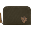 An olive green canvas zip-around wallet with a brown leather fox logo patch on the front and a matching brown leather wrist strap on the left side, shown against a plain white background. - Fjällräven Zip Card Holder - Dark Olive