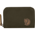 An olive green canvas zip-around wallet with a brown leather fox logo patch on the front and a matching brown leather wrist strap on the left side, shown against a plain white background. - Fjällräven Zip Card Holder - Dark Olive
