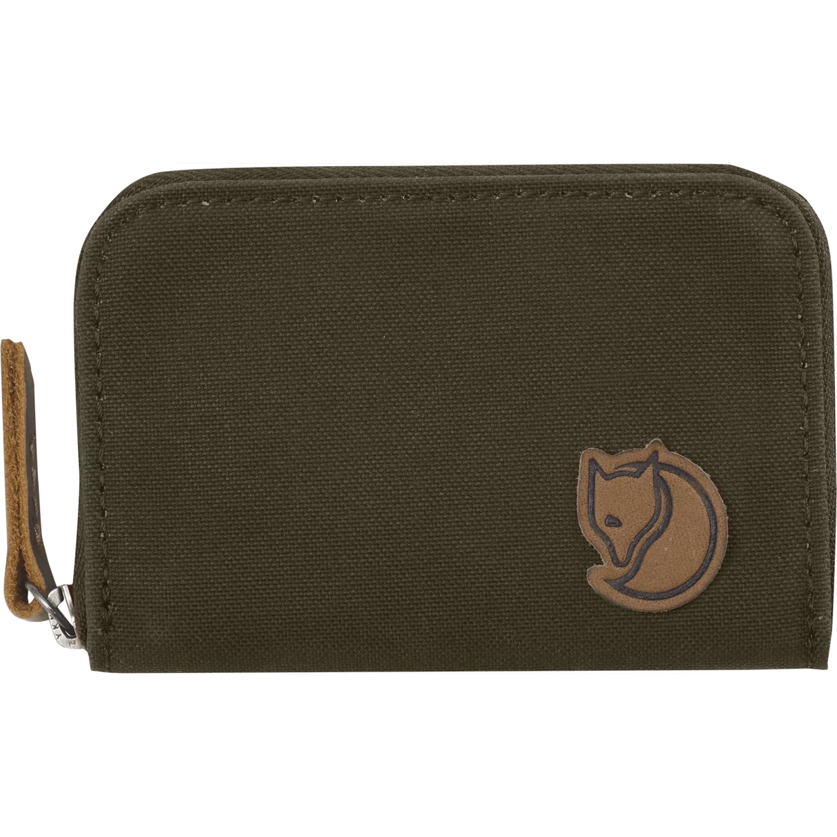An olive green canvas zip-around wallet with a brown leather fox logo patch on the front and a matching brown leather wrist strap on the left side, shown against a plain white background. - Fjällräven Zip Card Holder - Dark Olive