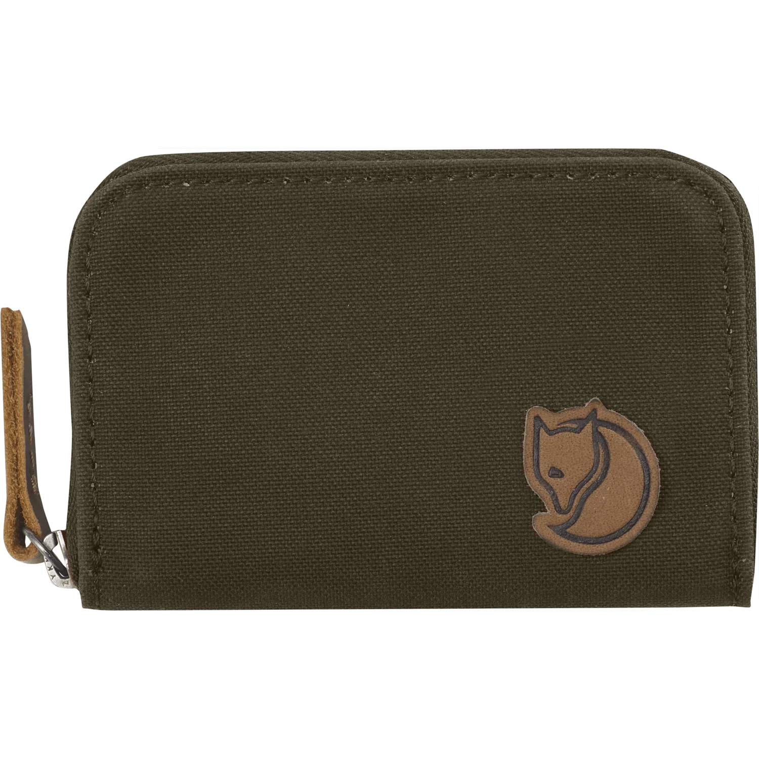 An olive green canvas zip-around wallet with a brown leather fox logo patch on the front and a matching brown leather wrist strap on the left side, shown against a plain white background. - Fjällräven Zip Card Holder - Dark Olive