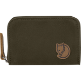 An olive green canvas zip-around wallet with a brown leather fox logo patch on the front and a matching brown leather wrist strap on the left side, shown against a plain white background. - Fjällräven Zip Card Holder - Dark Olive
