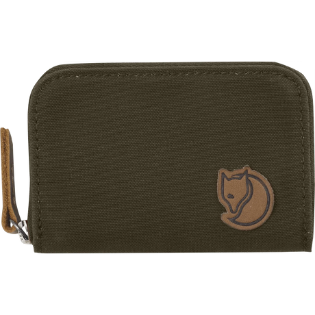 An olive green canvas zip-around wallet with a brown leather fox logo patch on the front and a matching brown leather wrist strap on the left side, shown against a plain white background. - Fjällräven Zip Card Holder - Dark Olive