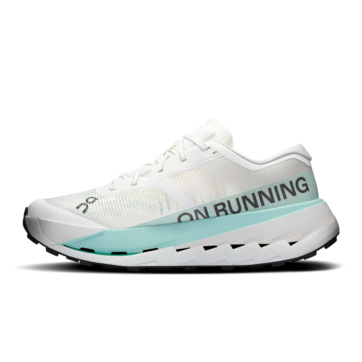 A white running shoe with a mint green midsole accent and black 'ON RUNNING' branding, shown in a side profile on a white background. - On Cloudultra Pro Shoes (Men's) - Ivory/Celeste