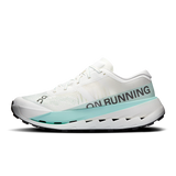 A white running shoe with a mint green midsole accent and black 'ON RUNNING' branding, shown in a side profile on a white background. - On Cloudultra Pro Shoes (Men's) - Ivory/Celeste