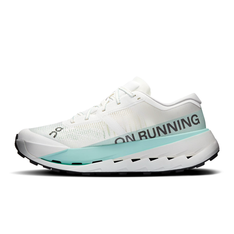 A white running shoe with a mint green midsole accent and black 'ON RUNNING' branding, shown in a side profile on a white background. - On Cloudultra Pro Shoes (Men's) - Ivory/Celeste