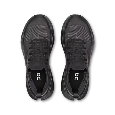 A pair of black On running shoes shown from a top-down view on a clean white background. - On Cloudsoma Shoes (Women's) - Black/black