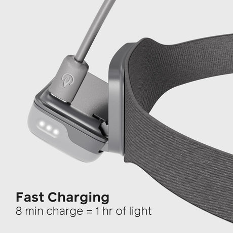 Headlamp with charging cable on a white background - Biolite Range 500 Headlamp - Midnight Grey