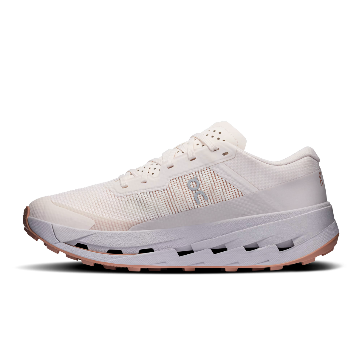 A single white running shoe with a textured mesh upper, white midsole, and a light pink outsole, shown from a side profile on a white background. - On Cloudultra 3 Shoes (Women's) - Oyster/Ether