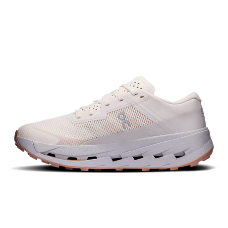 A single white running shoe with a textured mesh upper, white midsole, and a light pink outsole, shown from a side profile on a white background. - On Cloudultra 3 Shoes (Women's) - Oyster/Ether