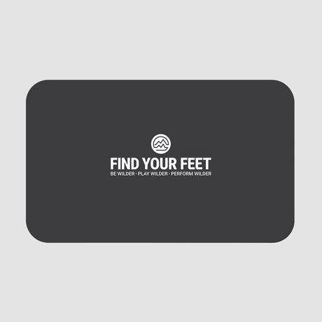 Black mat giftcard with 'Find Your Feet' logo in white on a light gray background