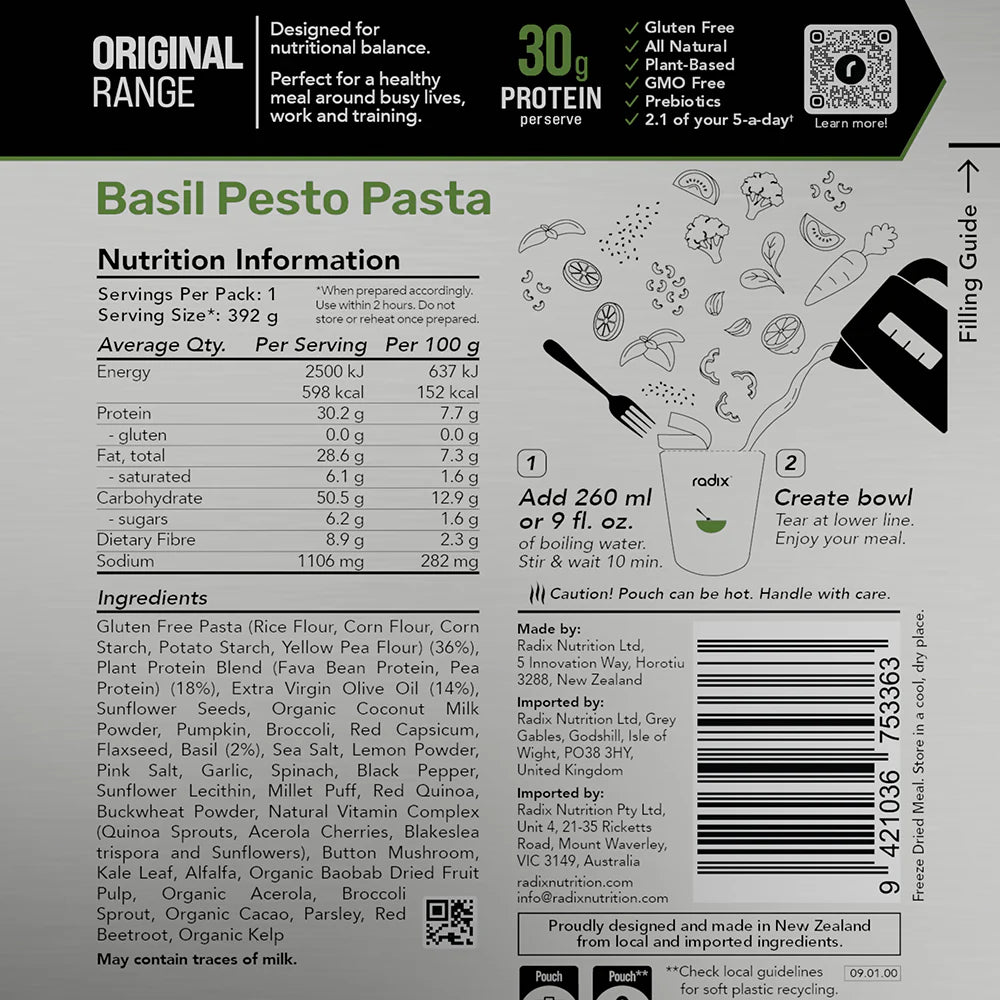 Radix Nutrition Main Meals v9 Plant Based - Original Range 600 - Basil Pesto Pasta - Find Your Feet Australia Hobart Launceston Tasmania