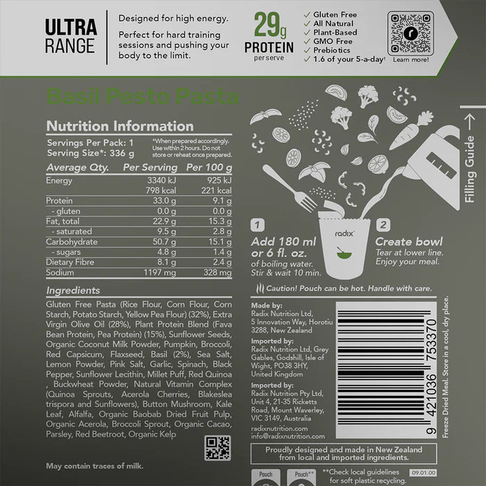 Radix Nutrition Main Meals v9 Plant Based - Ultra Range 800 - Basil Pesto  Pasta - Find Your Feet Australia Hobart Launceston Tasmania