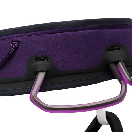 Close-up of a purple bag with black straps on a white background - Black Diamond Zone Harness (Women's) - Piton Purple