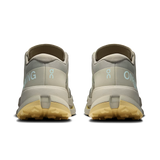 A pair of light gray and beige trail running shoes shown from the back, featuring light blue 'ON' branding and a gum-colored outsole, on a solid white background. - On Cloudultra 3 Shoes (Men's) - Brume/Winter
