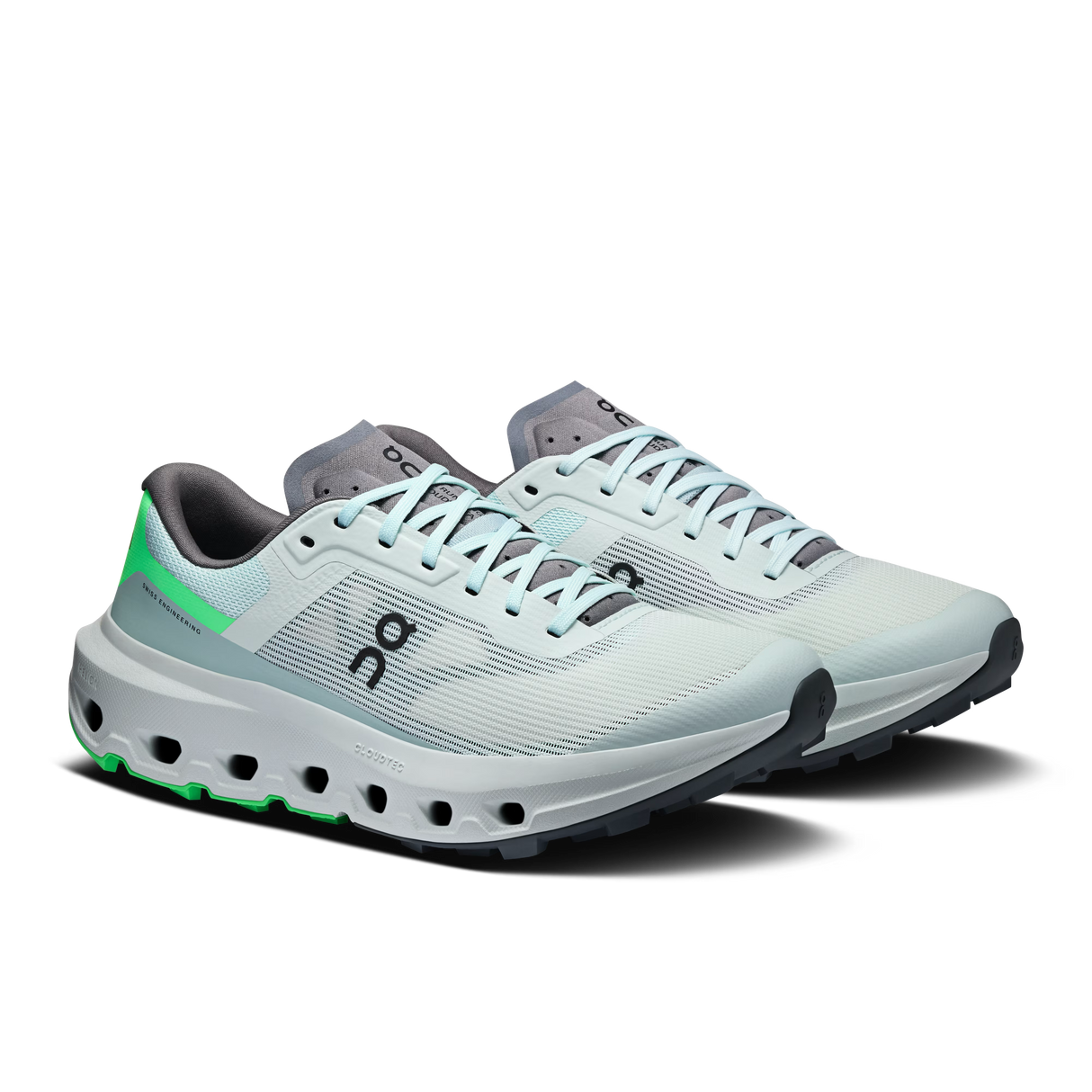 A pair of On running shoes in a light icy blue and white colorway with neon green accents on the heel and midsole, shown on a clean white background. - On Cloudvista 3 Shoes (Women's) - Flurry/Verdite