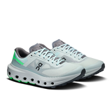 A pair of On running shoes in a light icy blue and white colorway with neon green accents on the heel and midsole, shown on a clean white background. - On Cloudvista 3 Shoes (Women's) - Flurry/Verdite