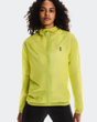Person wearing a bright green jacket with a brand logo on a white background - On Ultra Jacket (Women's) - Limelight/Lime