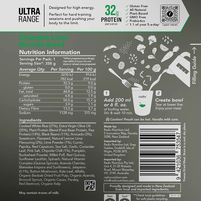 Radix Nutrition Main Meals v9 Plant Based - Ultra Range 800 - Chipotle Lime Burrito Bowl - Find Your Feet Australia Hobart Launceston Tasmania