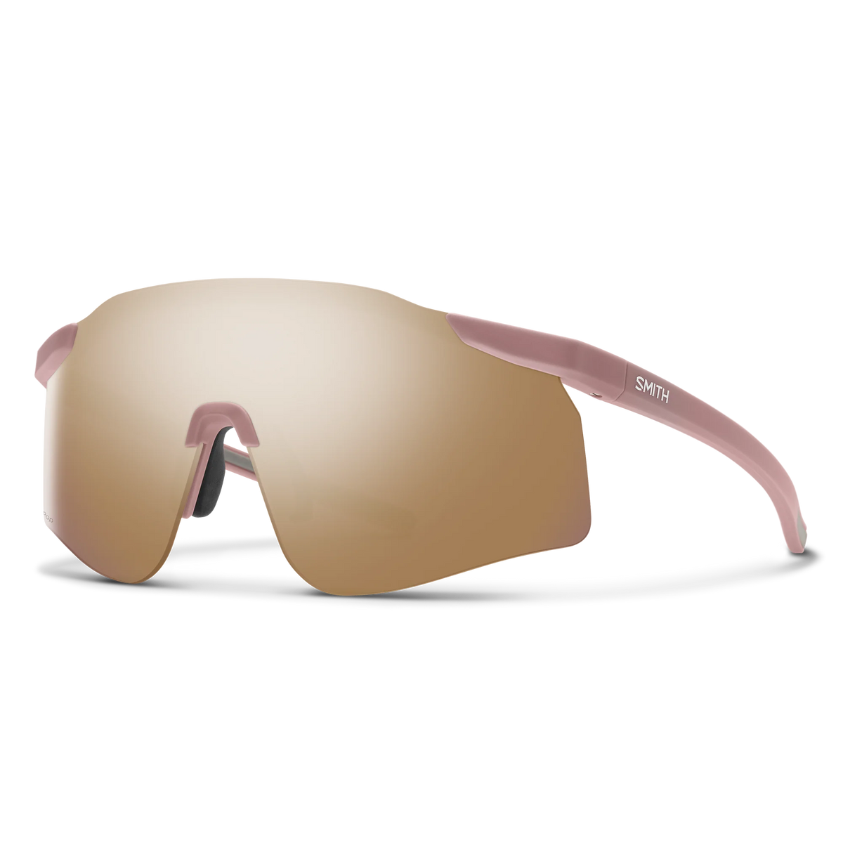 Sunglasses with pink frame and gold mirror lens on a white background - Smith Defy Sunglasses - Matte Chalk Rose | ChromaPop Rose Gold Mirror