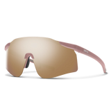 Sunglasses with pink frame and gold mirror lens on a white background - Smith Defy Sunglasses - Matte Chalk Rose | ChromaPop Rose Gold Mirror