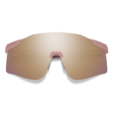 Sunglasses with pink frame and reflective lenses on a white background - Smith Defy Sunglasses - Matte Chalk Rose | ChromaPop Rose Gold Mirror