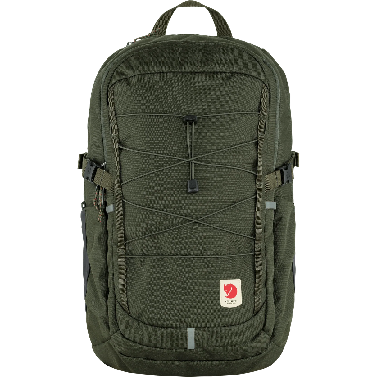 A Fjällev backpack in olive green, featuring a front zippered pocket with crisscross compression straps, side pockets, and the signature Fjällev logo patch on the lower front, set against a plain white background. - Fjällräven Skule 28 Backpack - Deep Forest