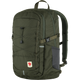 An olive green Fjälleväl backpack with a dark gray side pocket, front zippered pocket, and adjustable shoulder straps, shown on a plain white background. - Fjällräven Skule 28 Backpack - Deep Forest