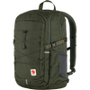 An olive green Fjälleväl backpack with a dark gray side pocket, front zippered pocket, and adjustable shoulder straps, shown on a plain white background. - Fjällräven Skule 28 Backpack - Deep Forest