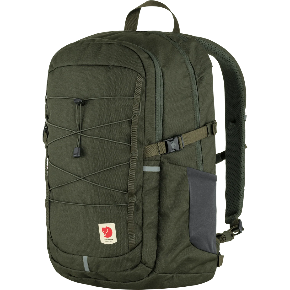 An olive green Fjälleväl backpack with a dark gray side pocket, front zippered pocket, and adjustable shoulder straps, shown on a plain white background. - Fjällräven Skule 28 Backpack - Deep Forest