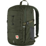 An olive green Fjälleväl backpack with a dark gray side pocket, front zippered pocket, and adjustable shoulder straps, shown on a plain white background. - Fjällräven Skule 28 Backpack - Deep Forest