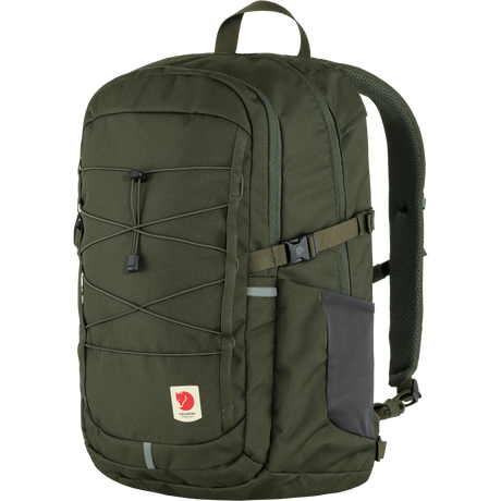 An olive green Fjälleväl backpack with a dark gray side pocket, front zippered pocket, and adjustable shoulder straps, shown on a plain white background. - Fjällräven Skule 28 Backpack - Deep Forest