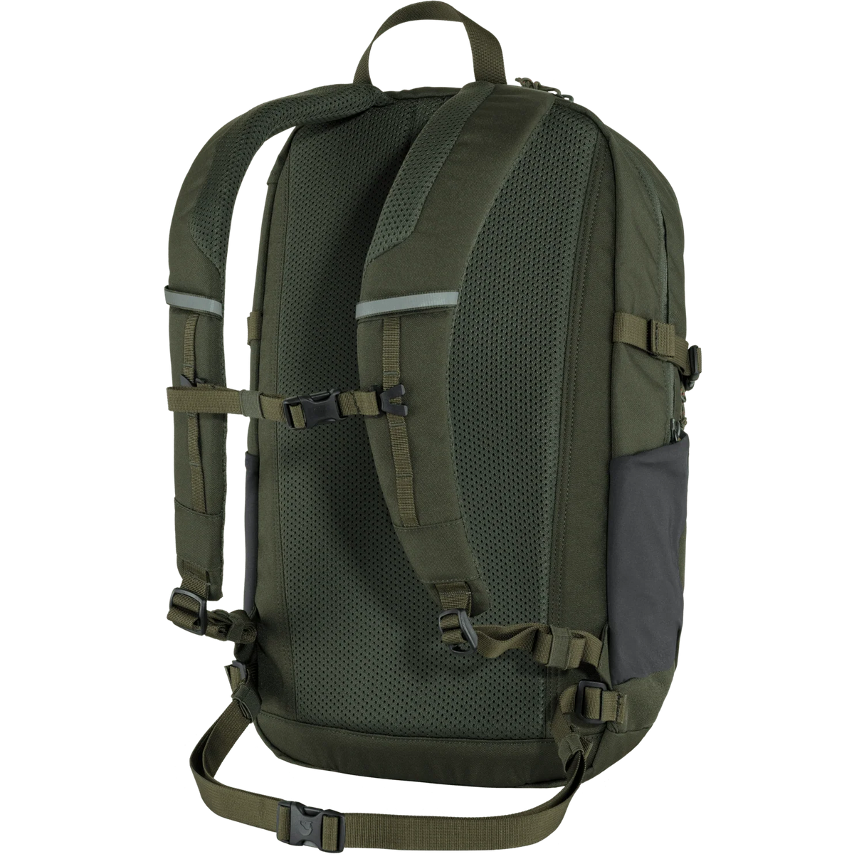 An olive green tactical backpack shown from the back, featuring a breathable mesh back panel, padded shoulder straps, compression buckles, and a side pocket, set against a plain white background. - Fjällräven Skule 28 Backpack - Deep Forest