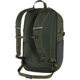 An olive green tactical backpack shown from the back, featuring a breathable mesh back panel, padded shoulder straps, compression buckles, and a side pocket, set against a plain white background. - Fjällräven Skule 28 Backpack - Deep Forest