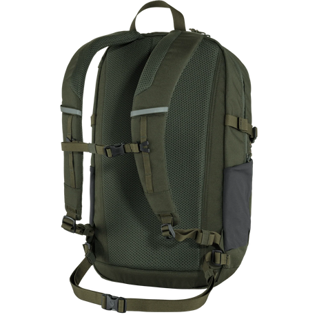 An olive green tactical backpack shown from the back, featuring a breathable mesh back panel, padded shoulder straps, compression buckles, and a side pocket, set against a plain white background. - Fjällräven Skule 28 Backpack - Deep Forest
