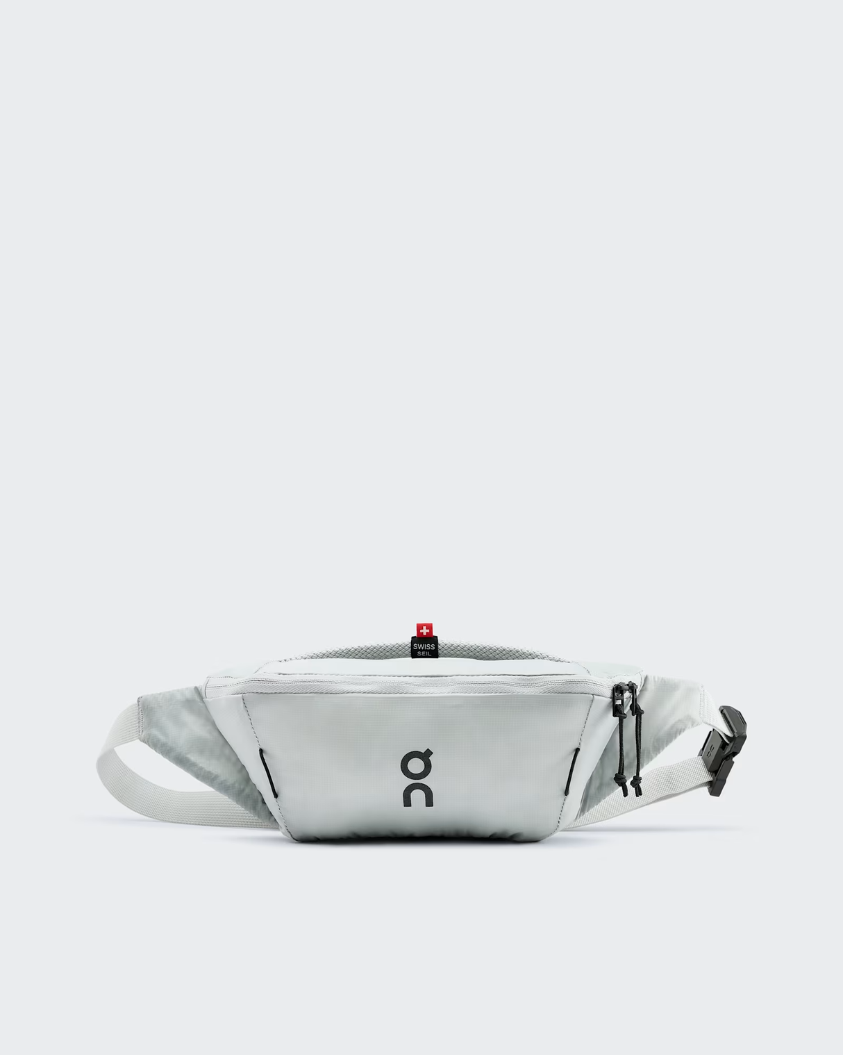 Gray waist bag with a brand logo on a light gray background - On Waist Pack 2L Lite - Glacier