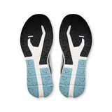 Top-down view of a pair of athletic shoes showing their black, white, and light blue outsoles on a plain white background. - On Cloudvista 3 Shoes (Men's) - Ivory/Wash