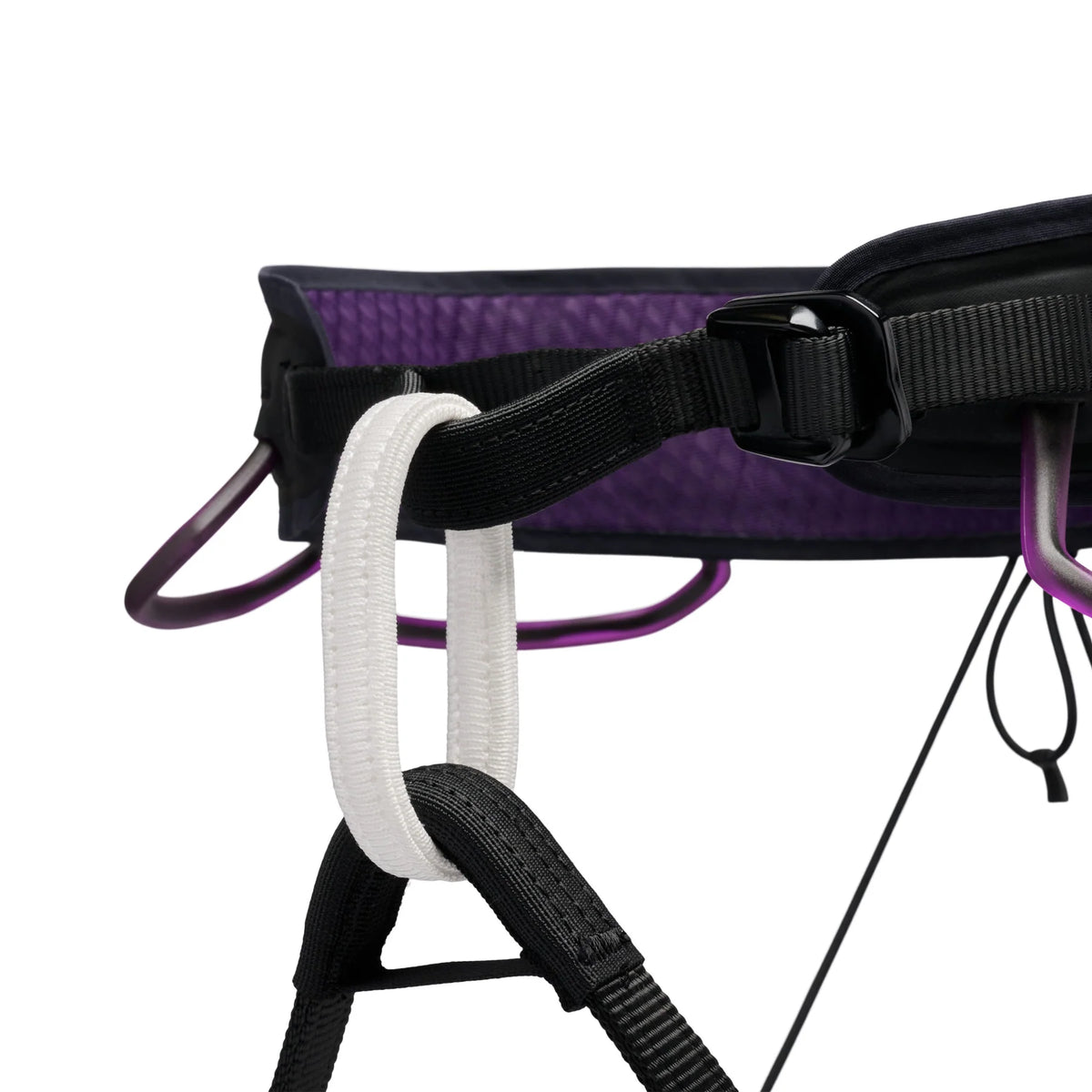 Close-up of a climbing harness with carabiners on a white background - Black Diamond Zone Harness (Women's) - Piton Purple