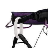 Close-up of a climbing harness with carabiners on a white background - Black Diamond Zone Harness (Women's) - Piton Purple