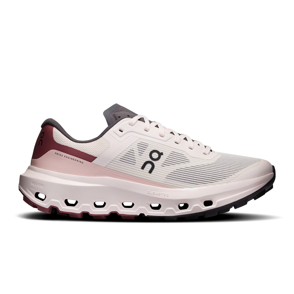 A side profile view of an On running shoe, specifically the Ghost Engineer 3 model, featuring a light gray and white mesh upper, a dusty pink midsole, and burgundy accents on the heel and tongue. - On Cloudvista 3 Shoes (Women's) - Oyster/Barberry