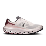 A side profile view of an On running shoe, specifically the Ghost Engineer 3 model, featuring a light gray and white mesh upper, a dusty pink midsole, and burgundy accents on the heel and tongue. - On Cloudvista 3 Shoes (Women's) - Oyster/Barberry