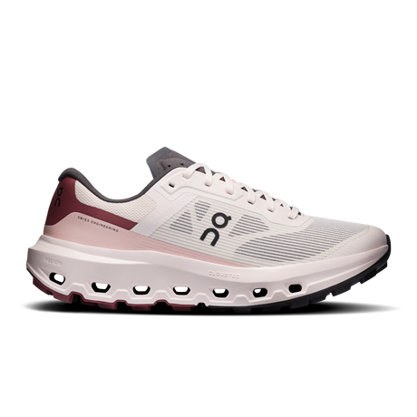 A side profile view of an On running shoe, specifically the Ghost Engineer 3 model, featuring a light gray and white mesh upper, a dusty pink midsole, and burgundy accents on the heel and tongue. - On Cloudvista 3 Shoes (Women's) - Oyster/Barberry