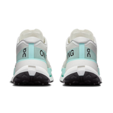 A pair of On running shoes shown from the rear, featuring a white and light mint green upper with black and white soles, set against a plain white background. - On Cloudultra Pro Shoes (Men's) - Ivory/Celeste