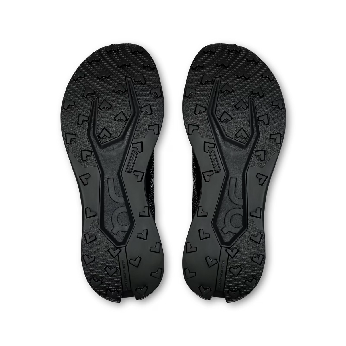 Black shoe soles with unique tread pattern on a white background - Black/Black