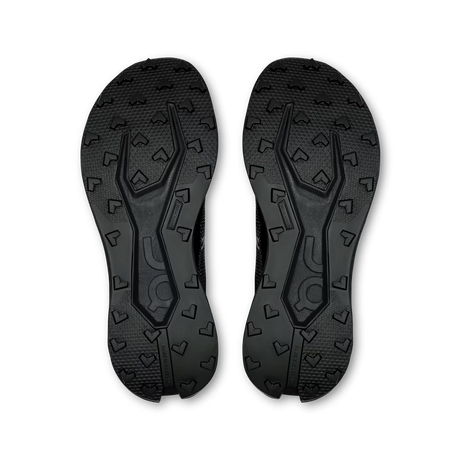 Black shoe soles with unique tread pattern on a white background - Black/Black
